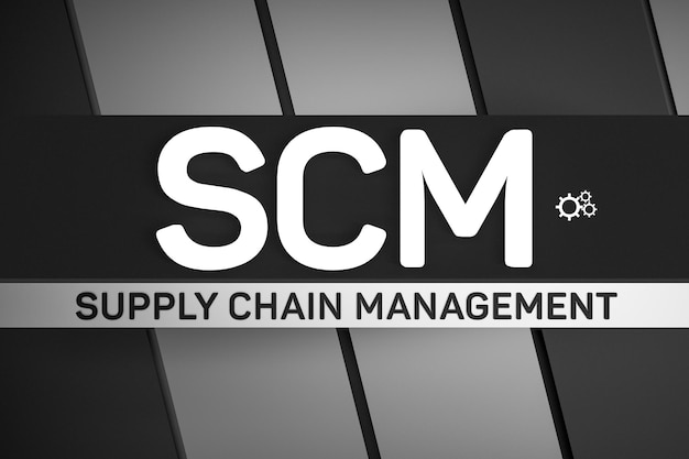 Zdjęcie scm supplychainmanagement koncepcja tekstowa na metalicznym tle skrót z biegami renderowania 3d
