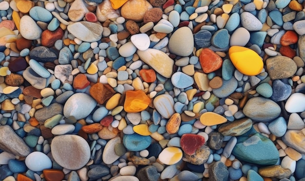 Sea of pebbles tapeta Kolorowe kamienie plażowe w tle dla ilustracji książki banerowej stworzonej za pomocą narzędzi sztucznej inteligencji