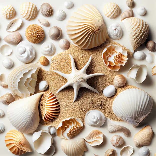 Sea Shell Texture Background Kolorowy Wzór Muszli Muszle Morskie Na Piasku Streszczenie Generatywnej Ilustracji Ai