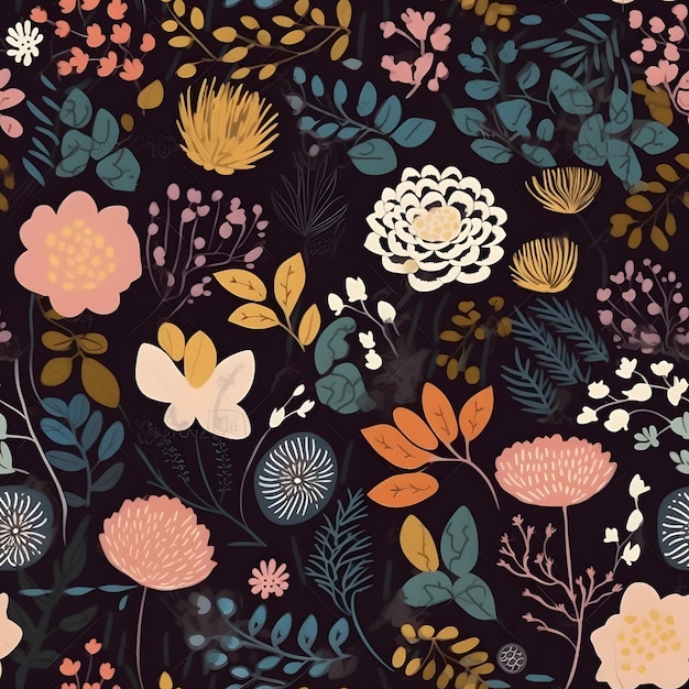 Seamless Sontemporary Spring Floral Pattern Handdrawn illustration Kwiaty na czarnym tle Tapeta dekoracyjna tekstylia Skandynawski design Generative Ai