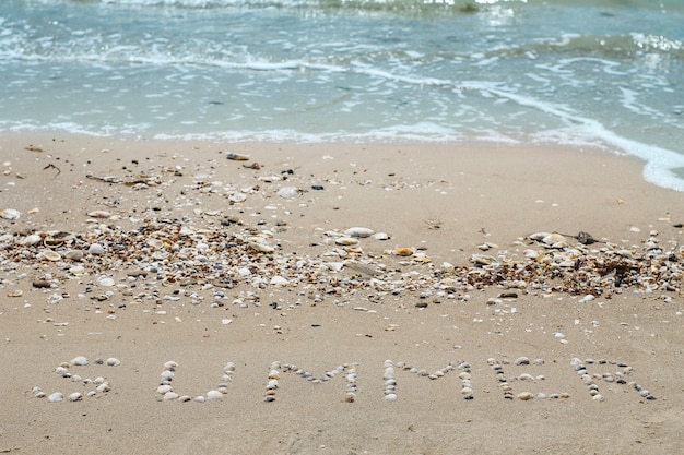 Seascape piękny seacoast i lata słowo na piasku