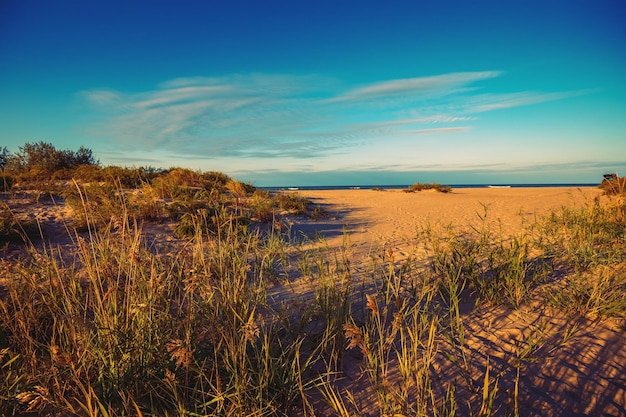 Seascape wieczorem w jesienny zachód słońca