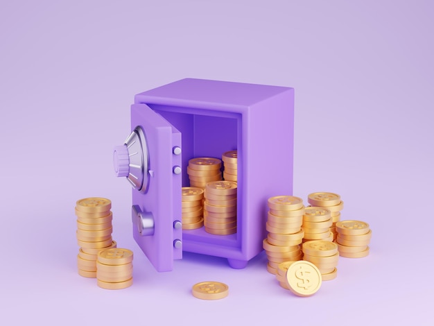 Sejf z pieniędzmi render 3d otwórz fioletowy sejf wypełniony i otoczony stosem złotych monet ze znakiem dolara