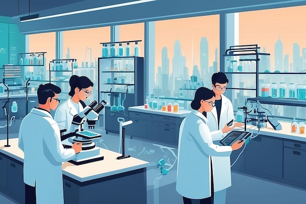 sekcja laboratorium z studentami używającymi technologii CRISPR do eksperymentów z modyfikacją genetyczną ilustracja wektorowa w stylu płaskim