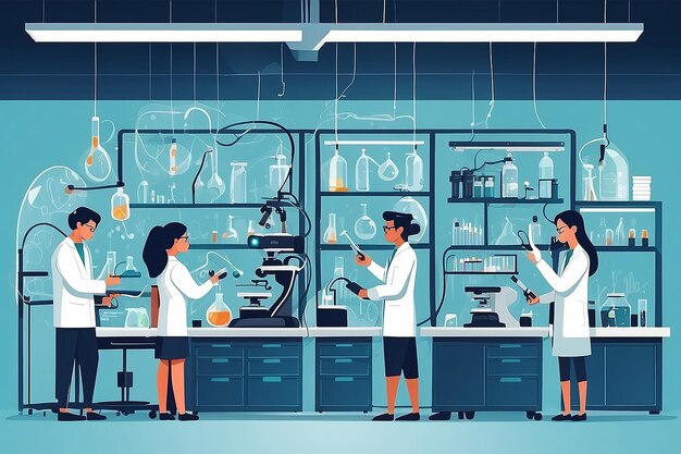 sekcja laboratorium z studentami używającymi technologii CRISPR do eksperymentów z modyfikacją genetyczną ilustracja wektorowa w stylu płaskim