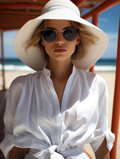 Zdjęcie seksowna atrakcyjna piękna kobieta w kapeluszu na plaży