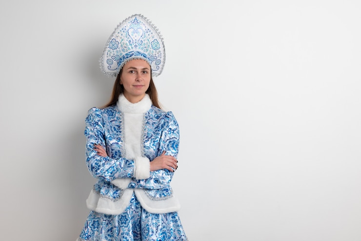 Zdjęcie seksowna kobieta ubrana w tradycyjny rosyjski strój świąteczny snegurochki (snow maiden),