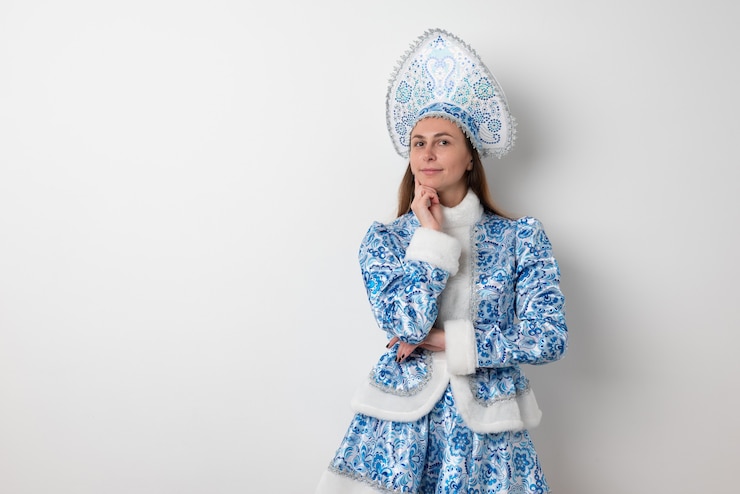 Zdjęcie seksowna kobieta ubrana w tradycyjny rosyjski strój świąteczny snegurochki (snow maiden),