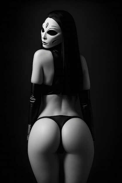 Seksowna kobieta w czarnej lateksowej bieliźnie z maską