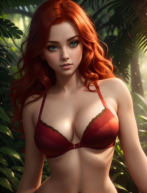 seksowna kobieta wspaniały model z rudymi włosami stojącymi w dżungli