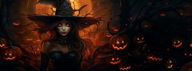 Zdjęcie seksowna wiedźma halloween z rzeźbionymi dyniami jack o latarnie i magiczne światła w ciemnym lesie w nocy straszny i przerażający koszmar koncepcja projektowania halloween tło