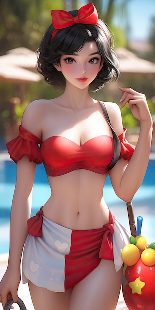 Seksowne anime Królewna Śnieżka w basenie ma na sobie letni klimat mini bikini