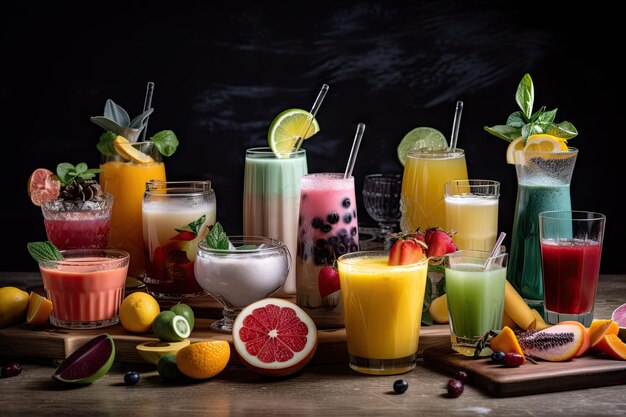 Selekcja letnich drinków, w tym koktajli, smoothies i soków stworzonych za pomocą generatywnej ai