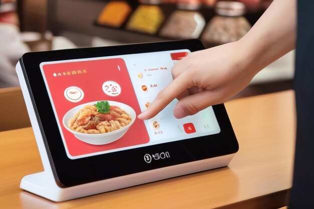 Selektywne skupianie się na ręce klienta to dotyk ekranu dotykowego do zamawiania żywności i płacenia elektronicznie