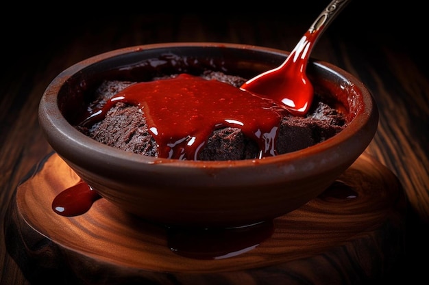 Zdjęcie selektywne skupienie puddingu kleju w czerwonej misce