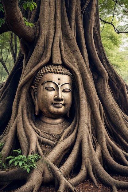 Zdjęcie selektywne zdjęcie buddy w korzeniach drzew w ciągu dnia