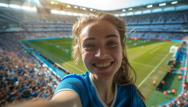 Selfie fanów piłki nożnej na stadionie pełnym niebiesko-białych koszulek argentyńskich fanów