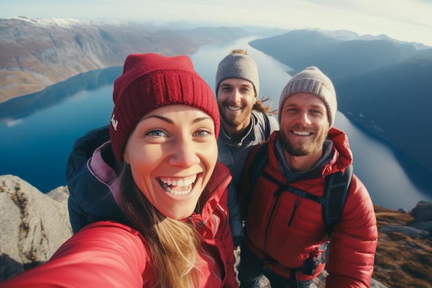 Selfie mężczyzny i kobiety na szczycie góry Wspinaczka po górach Wygenerowana przez sztuczną inteligencję