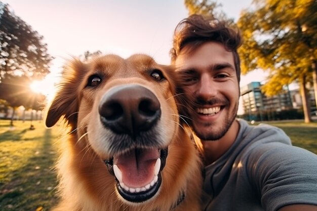 Selfie mężczyzny z psem w parku Generatywna sztuczna inteligencja