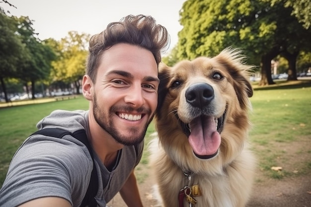 Selfie mężczyzny z psem w parku Generatywna sztuczna inteligencja