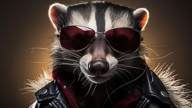 Selfie portret histerycznego skunk'a noszącego okulary przeciwsłoneczne