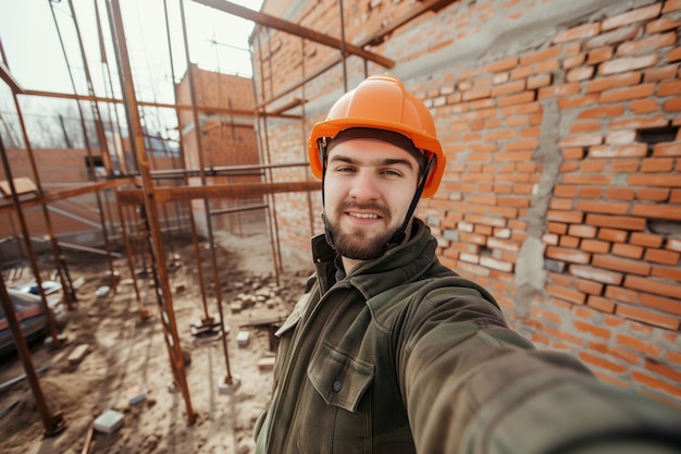 Selfie Pracownika Z Twardym Kapeluszem Przed Pracą Murarską