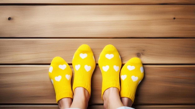Zdjęcie selfie stopy noszące żółte skarpetki z czerwonym kształtem serca na drewnianej podłodze