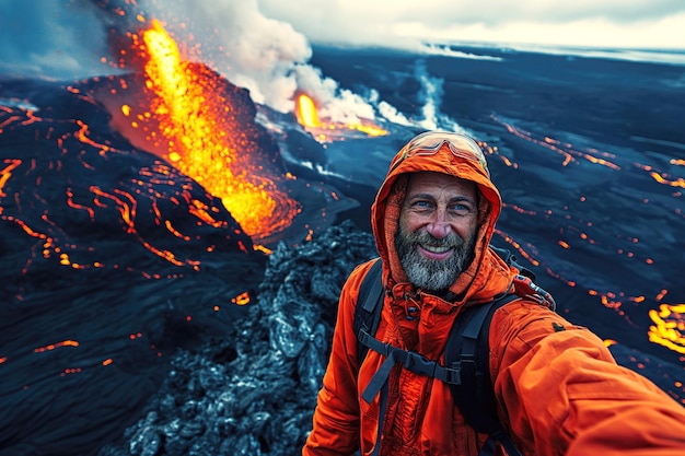 Selfie szczęśliwego ryzykownego mężczyznę-alpinistę podróżującego na tle niebezpiecznego aktywnego wybuchającego wulkanu