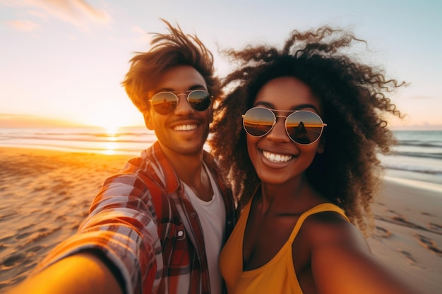 Selfie Szczęśliwej Pary Na Plaży Generatywnej Ai