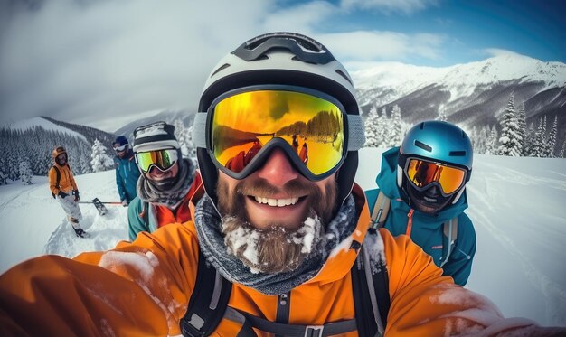 Selfie zdjęcia przystojniaka w okularach narciarskich, odzieży narciarskiej i hełmu na nartach z dobrymi przyjaciółmi