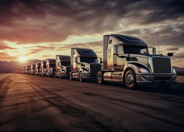 Zdjęcie semi trailer trucks the parking lot at the sunset sky delivery trucks cargo shipping lorry industry freight truck logistics cargo transport auto service shop stworzony przy użyciu technologii generative ai