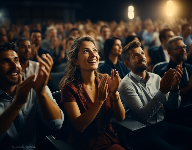 Seminar biznesowy, ludzie klasztują, publiczność aplauduje, sztuczna inteligencja generatywna.