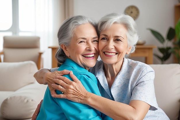 Senior kobieta uścisk lub opiekun medyczny w domu w salonie w komfort zaufanie wsparcie lub obligacja bezpieczeństwa Uśmiech szczęśliwy lub śmiech domu opieki emeryturze osób starszych i opieki zdrowotnej Brazylijskiej pielęgniarki lub pomocy