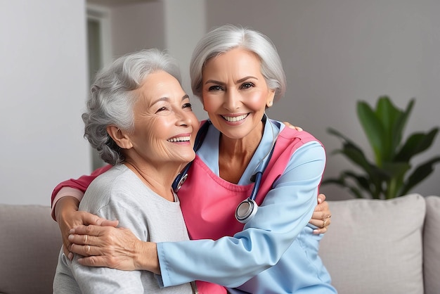 Senior kobieta uścisk lub opiekun medyczny w domu w salonie w komfort zaufanie wsparcie lub obligacja bezpieczeństwa Uśmiech szczęśliwy lub śmiech domu opieki emeryturze osób starszych i opieki zdrowotnej Brazylijskiej pielęgniarki lub pomocy