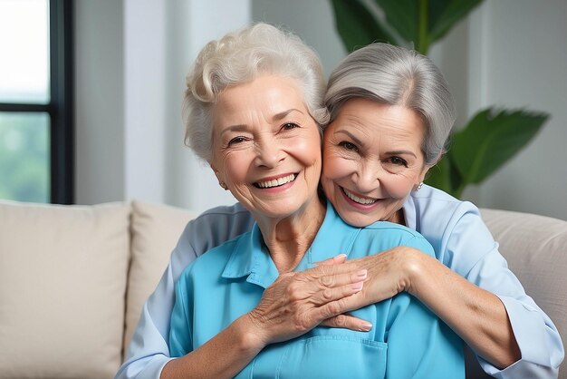 Senior kobieta uścisk lub opiekun medyczny w domu w salonie w komfort zaufanie wsparcie lub obligacja bezpieczeństwa Uśmiech szczęśliwy lub śmiech domu opieki emeryturze osób starszych i opieki zdrowotnej Brazylijskiej pielęgniarki lub pomocy