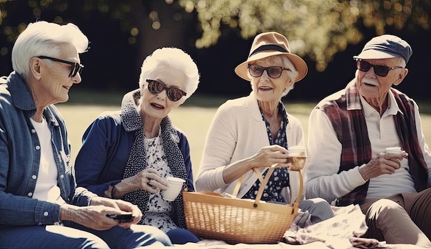 Seniorzy delektują się prostymi przyjemnościami życia podczas spokojnego pikniku w parku w otoczeniu piękna przyrody i towarzystwa dobrych przyjaciół Wygenerowane przez AI