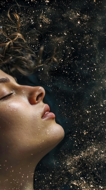 Senna scena profilu kobiety z delikatnie zamkniętymi oczami połączona z kosmicznym tłem wypełnionym