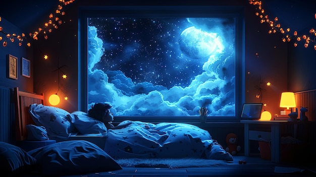 Senny pokój z oknem i nocnym niebem Chłopiec śpi w łóżku