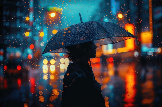 Senny portret osoby stojącej pod przezroczystym parasolem w łagodnym deszczu