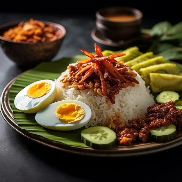 Zdjęcie sensacyjna malezyjska symfonia kulinarna nasi lemak w ostrości i bokeh delight