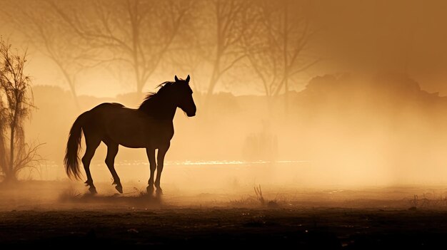 Sepia tonowany mglisty wschód słońca z sylwetką konia