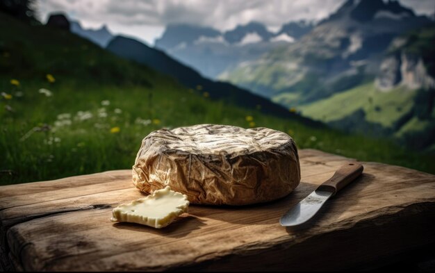 Zdjęcie ser camembert na drewnianej desce do krojenia z górami w tle generowany ai