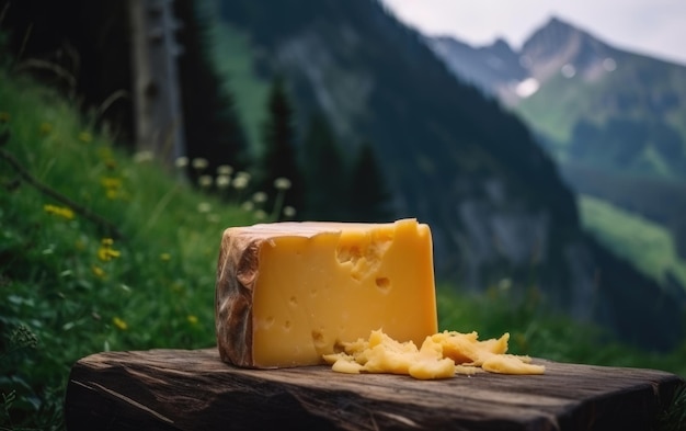 Zdjęcie ser cheddar na drewnianej desce do krojenia z górami w tle generowany ai