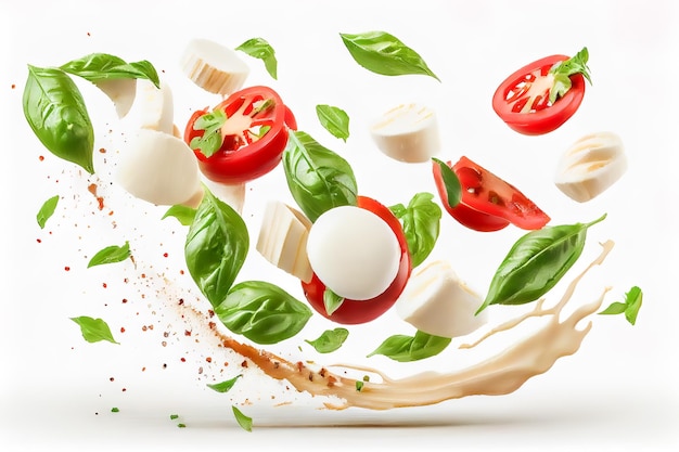 Ser mozzarella z pomidorem i bazylią na białym tle Generatywna sztuczna inteligencja
