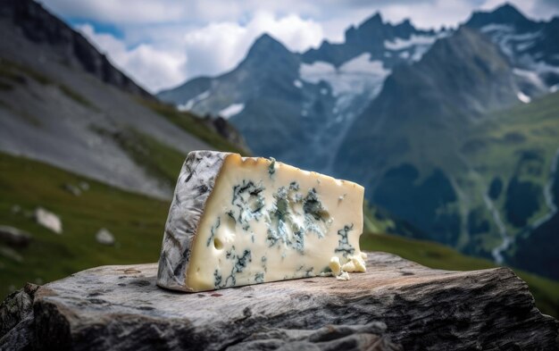 Zdjęcie ser pleśniowy gorgonzola na drewnianej desce do krojenia z górami w tle generowany ai