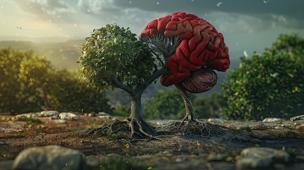 Zdjęcie serce i mózg połączone przez zdrowe drzewo pokazujące związek między zdrowiem psychicznym a fizycznym