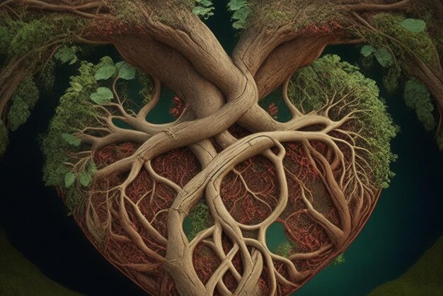 Zdjęcie serce splecione z korzeniami symbolizuje miłość, która rośnie i wzmacnia się z czasem