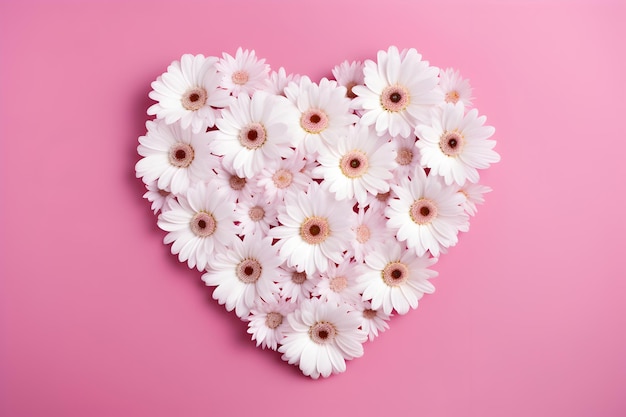 Zdjęcie serce utworzone z białych stokrotek na różowym tle, widok z góry wiosenna lub świąteczna kartka z życzeniami lub zaproszenie