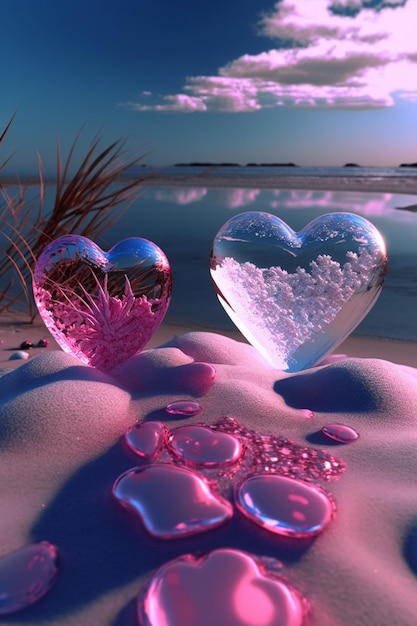 Serce w piasku z szklanym generatywem w kształcie serca.