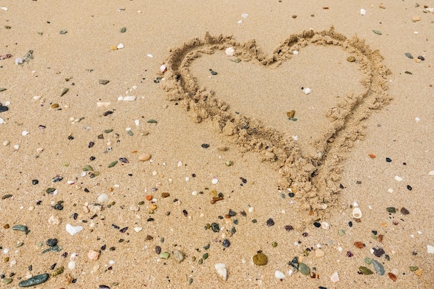 Serce wyciągnięte z piasku na plaży z wieloma koralowcami i kamieniami.